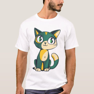 Cute Green and Yellow Cartoon Cat Illustration T-Shirt