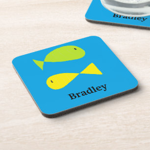 Cute green and yellow fishes on blue coaster