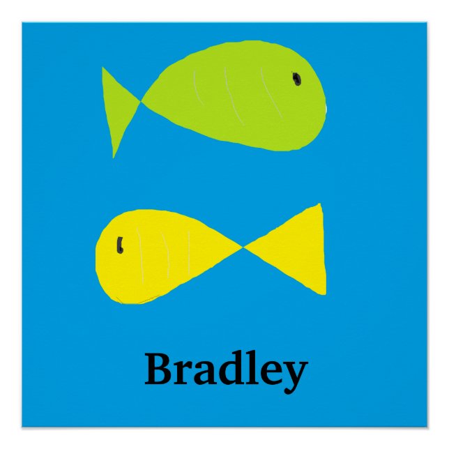 Cute green and yellow fishes on blue poster (Front)