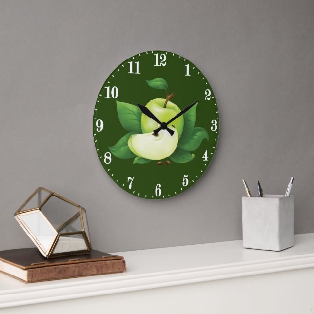 Cute green apple lover kitchen decor large clock (Office)
