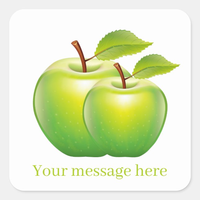 Cute green apples add message name square sticker (Front)