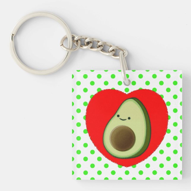 Cute Green Avocado Cartoon In Red Heart Keychain (Front)