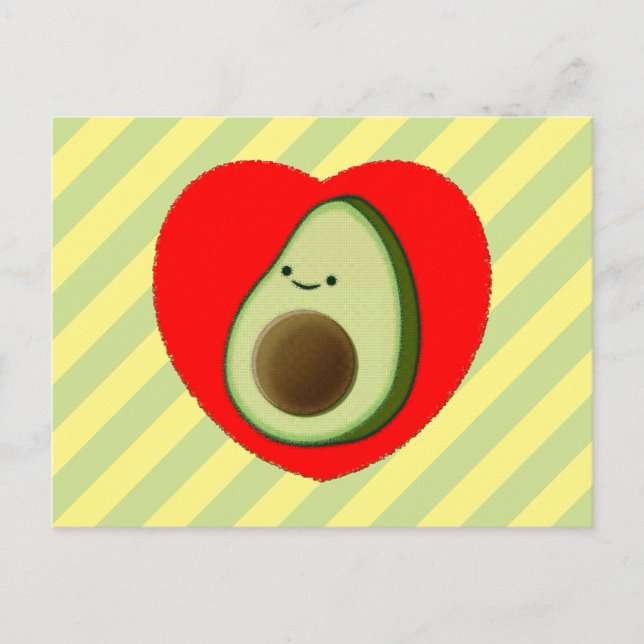 Cute Green Avocado Cartoon In Red Heart Postcard (Front)