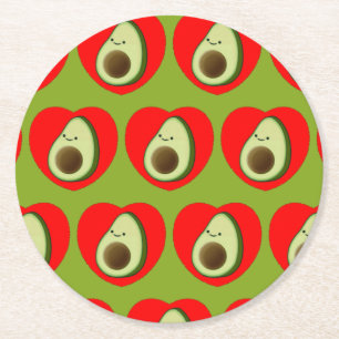 Cute Green Avocado Cartoon In Red Heart Round Paper Coaster