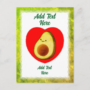 Cute Green Avocado Cartoon In Red Heart Vintage Postcard