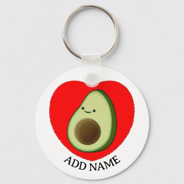 Cute Green Avocado In Red Heart Custom Name Keychain (Front)