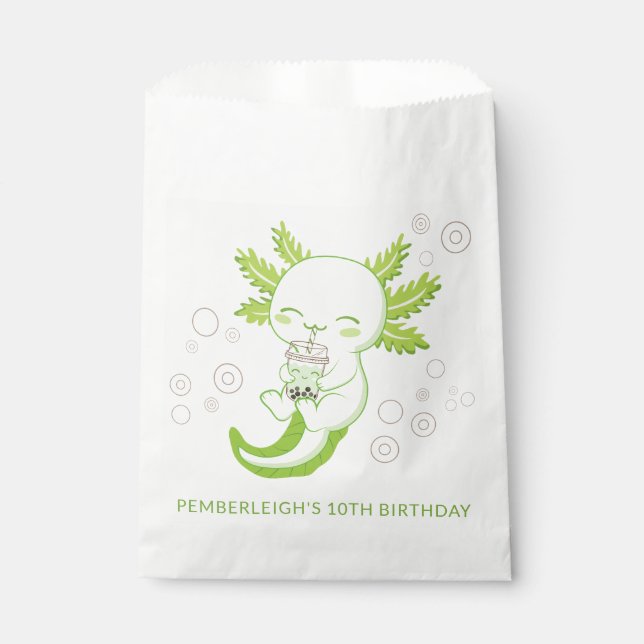 Cute Green Axolotl Bubble Boba Tea Birthday Party Favour Bag (Front)
