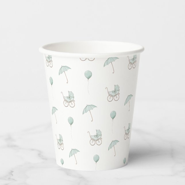 Cute Green Baby Buggy Baby Shower Paper Cups (Front)