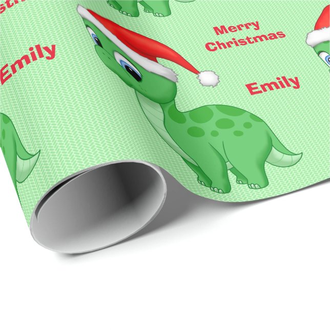 Cute Green Baby Dinosour with Santa Hat Wrapping Paper (Roll Corner)