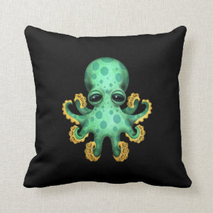 Cute Green Baby Octopus on Black Throw Pillow