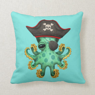 Cute Green Baby Octopus Pirate Throw Pillow