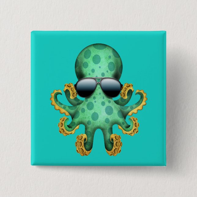 Cute Green Baby Octopus Wearing Sunglasses 2 Inch Square Button (Front)