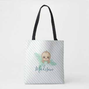Cute Green Baby Sloth Monogram Tote Bag