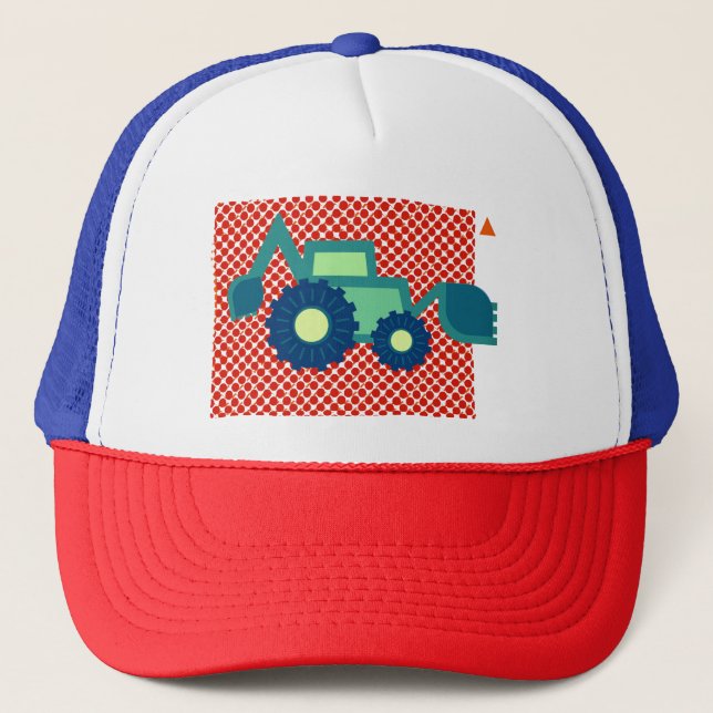 Cute Green Backhoe Funny Excavator Digger Boys Trucker Hat (Front)