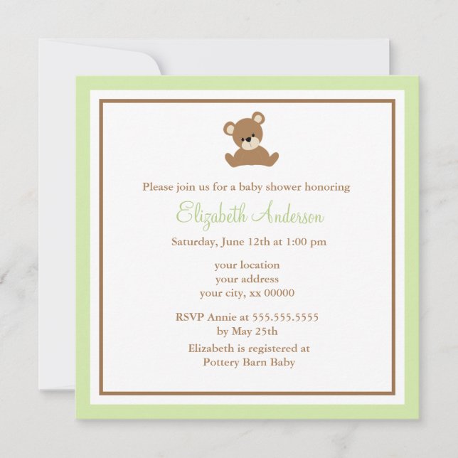 Cute Green Bear Baby Shower Invitation (Front)
