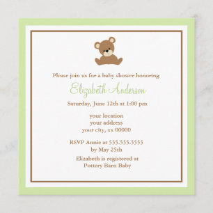 Cute Green Bear Baby Shower Invitation