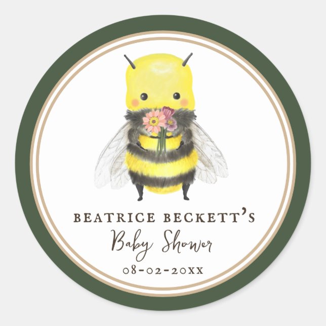 Cute Green Bee and Wildflower Baby Shower Sticker (Front)