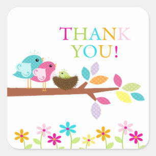 Cute Green Bird Nest Thank You Baby Shower Square Sticker