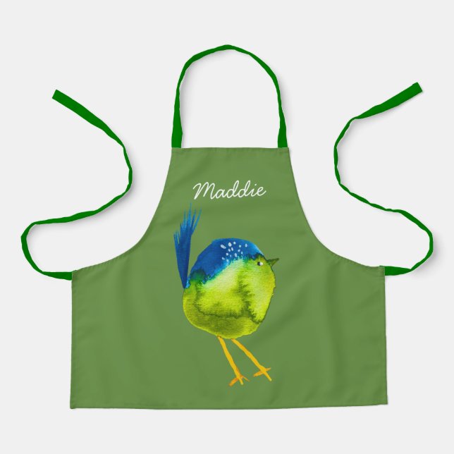 Cute green bird watercolor apron (Front)