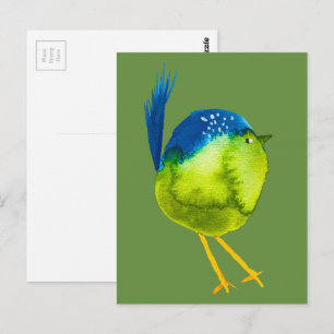 Cute green bird watercolor postcard