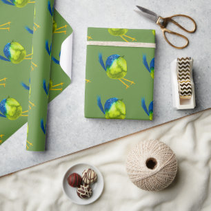 Cute green bird watercolor wrapping paper