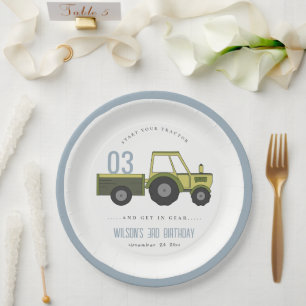 Cute Green Blue Farm Tractor Kids Any Age Birthday Paper Plate