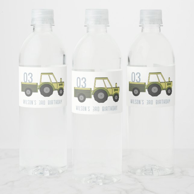 Cute Green Blue Farm Tractor Kids Any Age Birthday Water Bottle Label (Bottles)