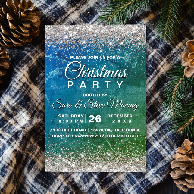 Cute green blue faux gold glitter Christmas  Invitation (Creator Uploaded)