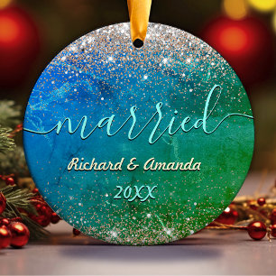 Cute green blue faux gold glitter Married Ceramic Ornament