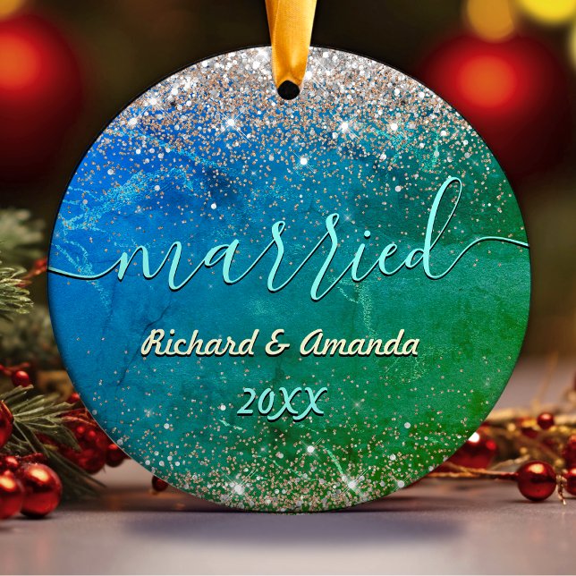Cute green blue faux gold glitter Married Ceramic Ornament (Creator Uploaded)