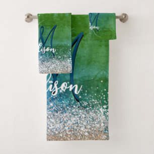 Cute green blue faux gold glitter monogram bath towel set