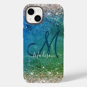 Cute green blue faux gold glitter monogram Case-Mate iPhone 14 case