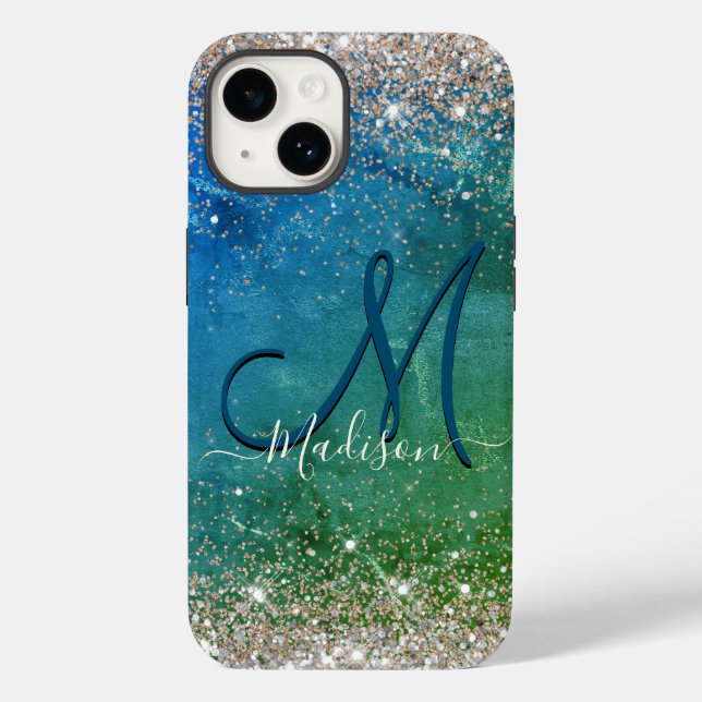 Cute green blue faux gold glitter monogram Case-Mate iPhone case (Back)