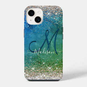 Cute green blue faux gold glitter monogram iPhone 14 case