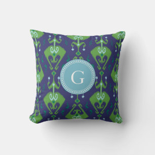 Cute green blue ikat tribal pattern monogram throw pillow