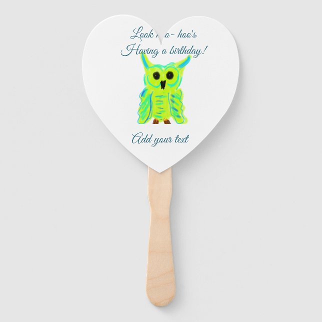 Cute green blue pastel owl pun add text birthday t hand fan (Front)