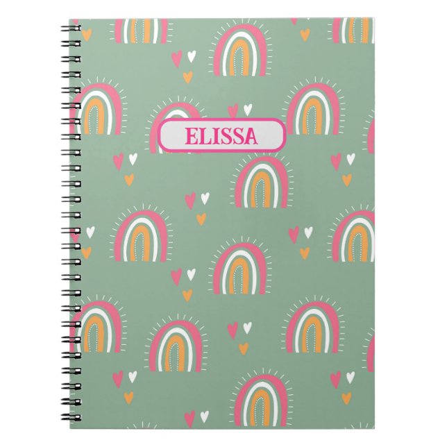 Cute Green Boho Rainbow Heart Name Personalized Notebook (Front)