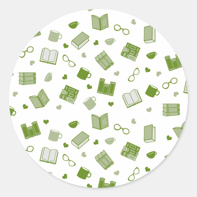 Cute Green Book and Reading Pattern Classic Round Sticker (Front)