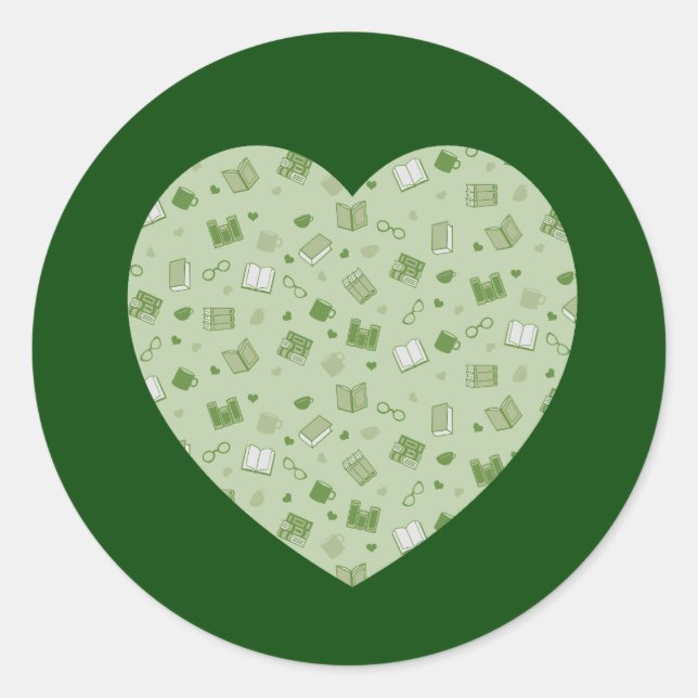 Cute Green Book and Reading Pattern heart Classic Round Sticker (Front)