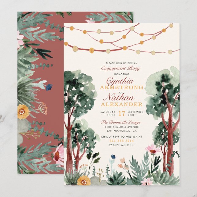 Cute Green Botanical Trees Unique Engagement Party Invitation (Front/Back)
