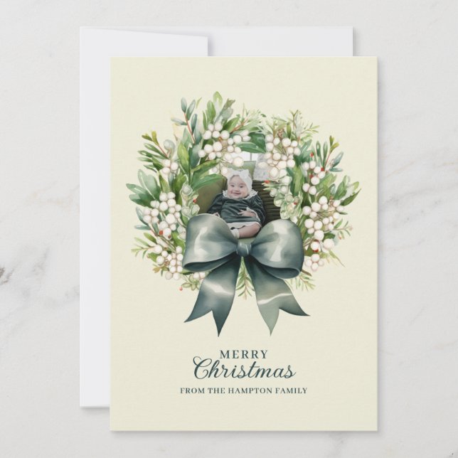 Cute Green Bow Wreath Photo Christmas Holiday Card (Front)