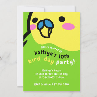 Cute Green Budgie Kids 10th Birthday Party Invitation