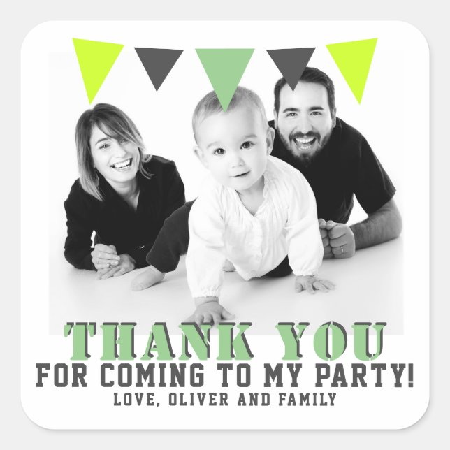 Cute Green Bunting Flag Photo Thank you Birthday  Square Sticker (Front)