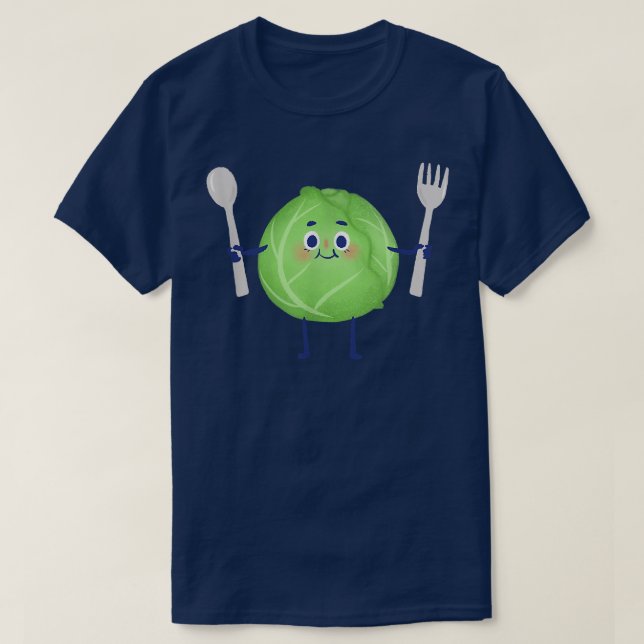 Cute Green Cabbage Vegetable Holding Fork and Spoo T-Shirt (Design Front)