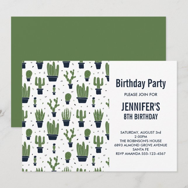 Cute Green Cactus in Flower Pots Pattern Birthday Invitation (Front/Back)