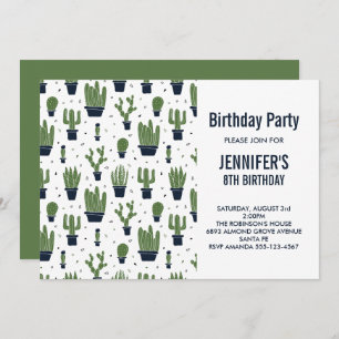 Cute Green Cactus in Flower Pots Pattern Birthday Invitation