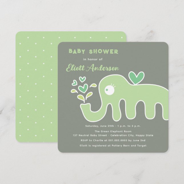 Cute Green Cartoon Elephant Whimsical Baby Shower Invitation (Front/Back)