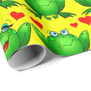 Cute Green Cartoon Frogs Love Hearts Yellow Wrapping Paper