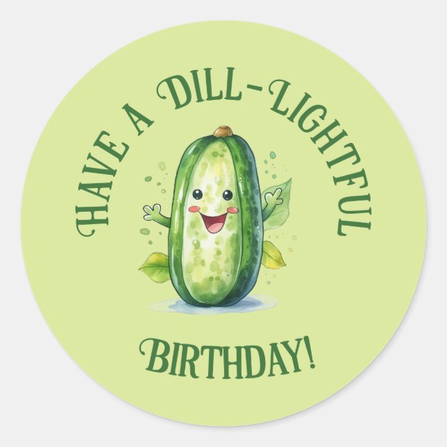 Cute Green Cartoon Pickle Birthday Classic Round Sticker (Front)