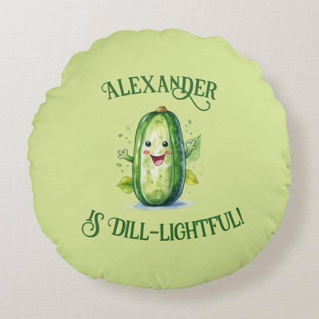 Cute Green Cartoon Pickle Round Pillow (Front)